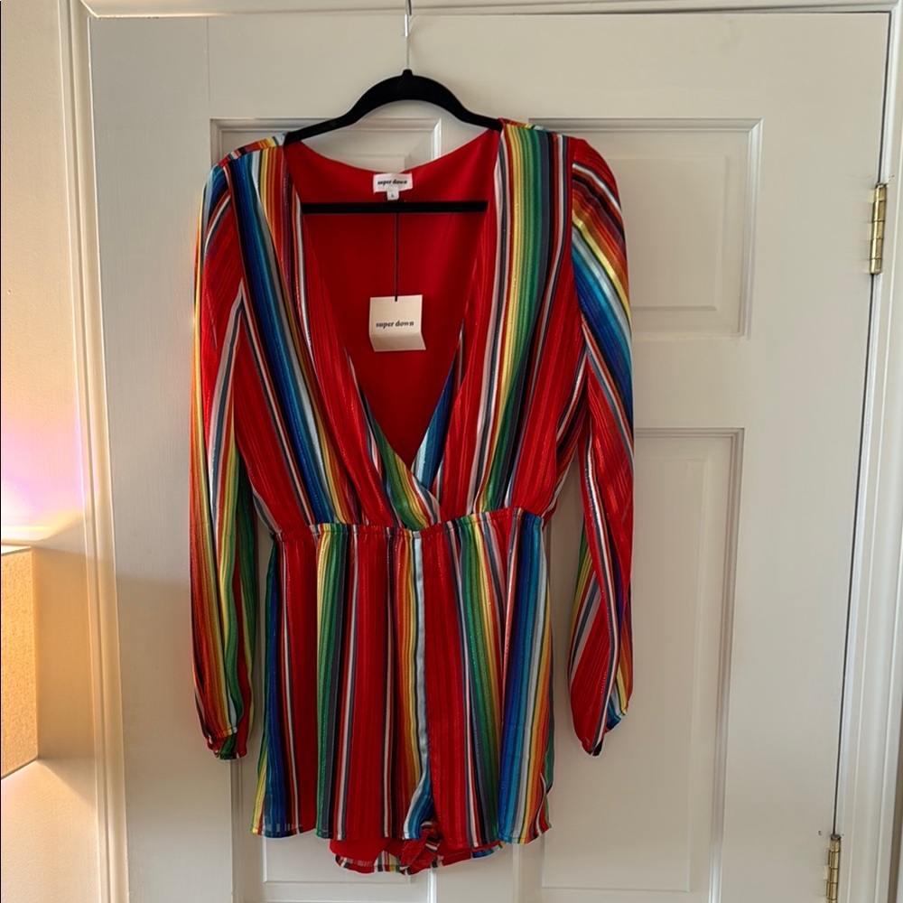 Superdown Red and Orange V-Neck Jumpsuit with Long Sleeves